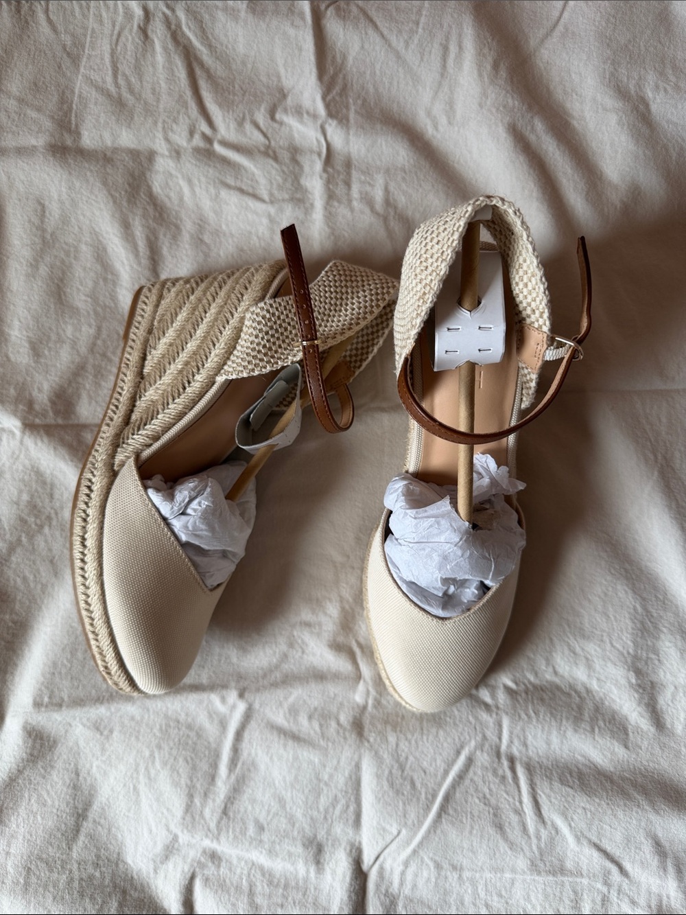 LOFT Cream Espadrille Wedge Sandals with Brown Ankle Strap